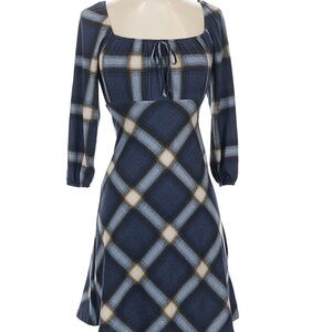 Blue Plaid Square-Neck Women's Dress